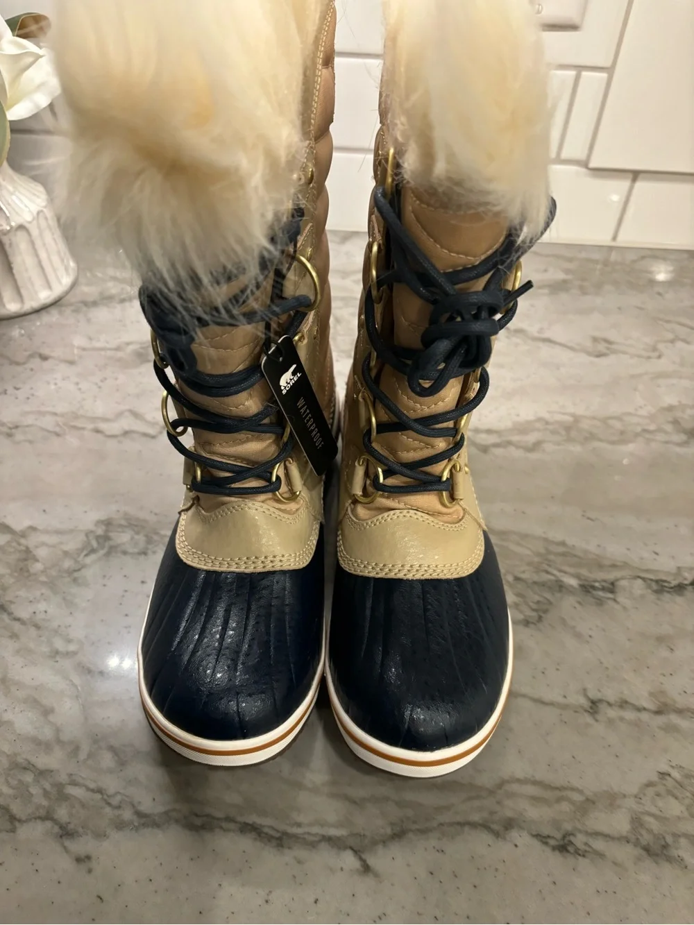 Sorel Women’s Torino Winter Lace-Up Boots in Beige and Black with Faux Fur Trim